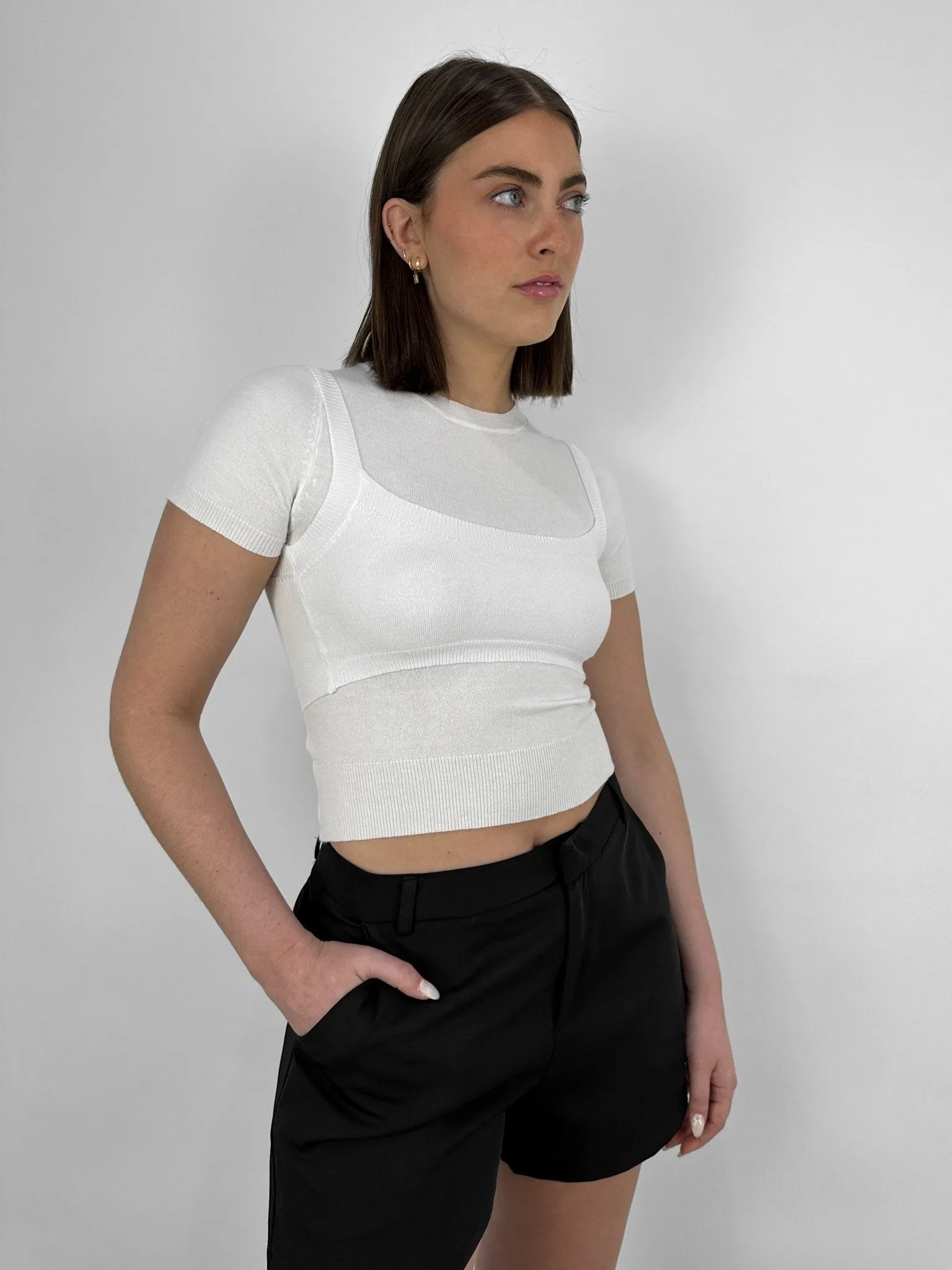 Layered Bra Knit Crew Tee