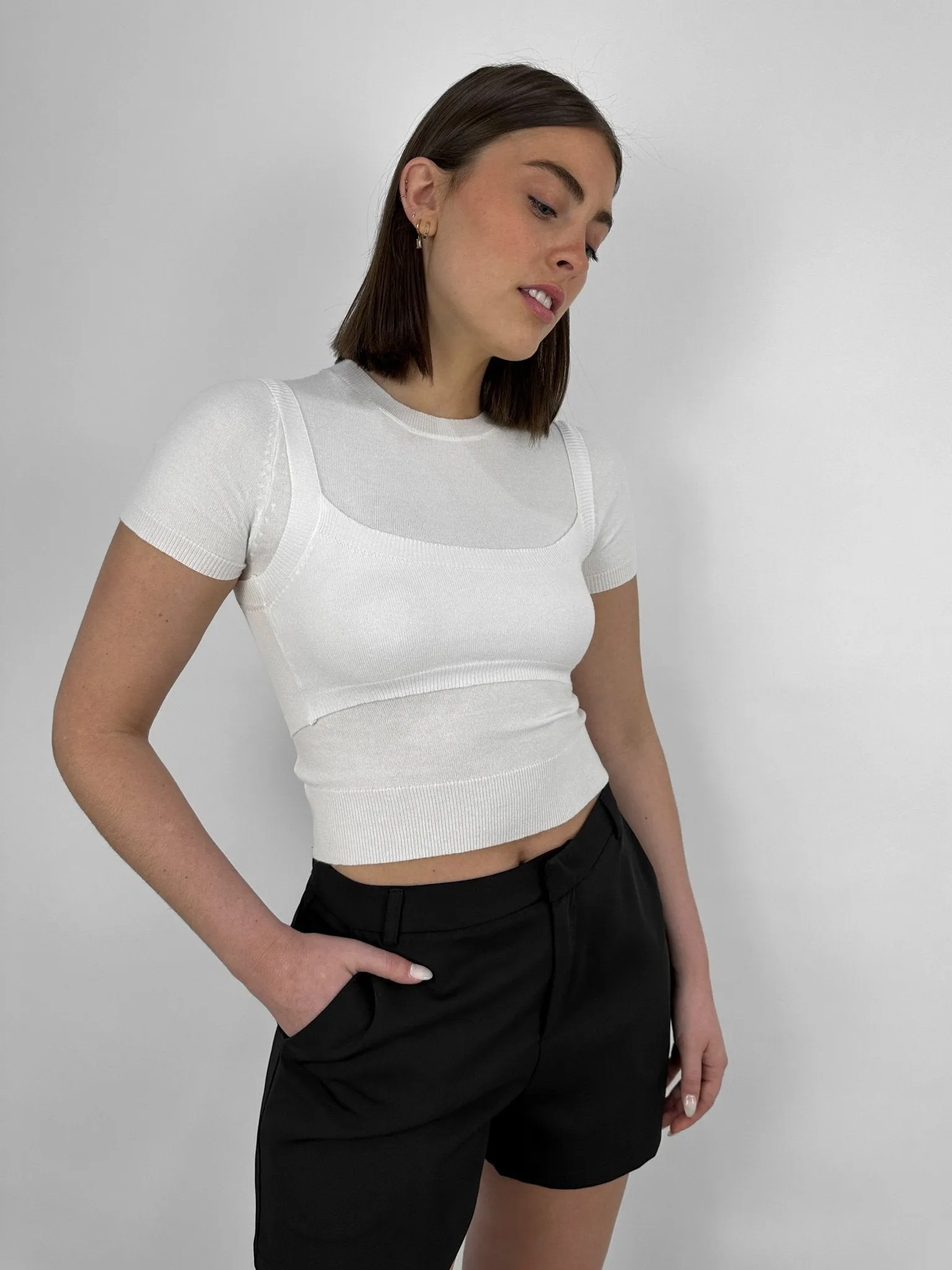 Layered Bra Knit Crew Tee