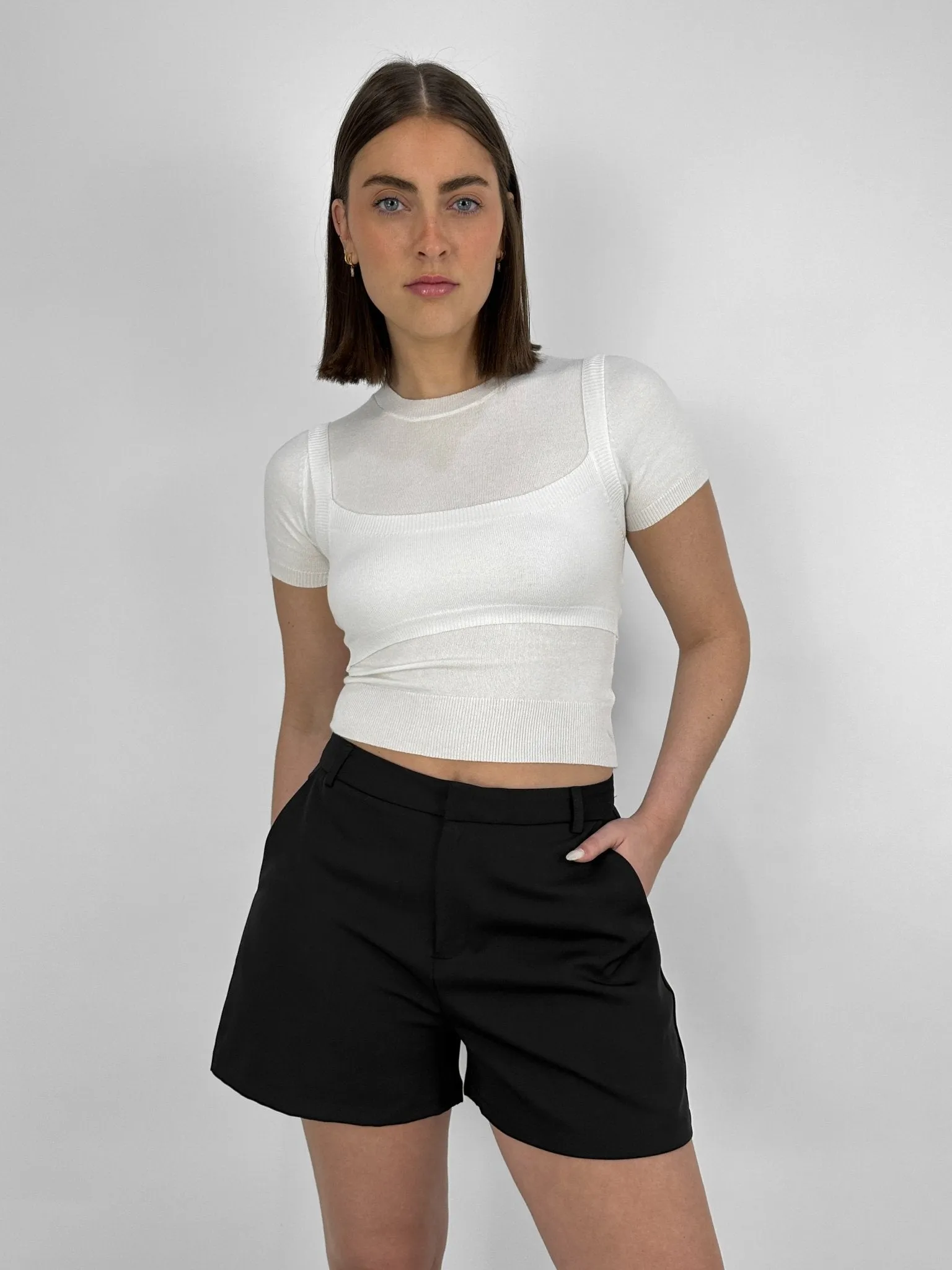 Layered Bra Knit Crew Tee