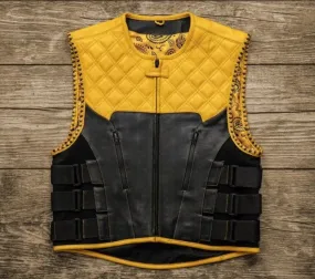 Leather Vest Mens Hunt Club Diamond Quilted Black & Yellow Paisley Leather Build Denim Style Rider Motorcycle Leather Vest Mens Vest