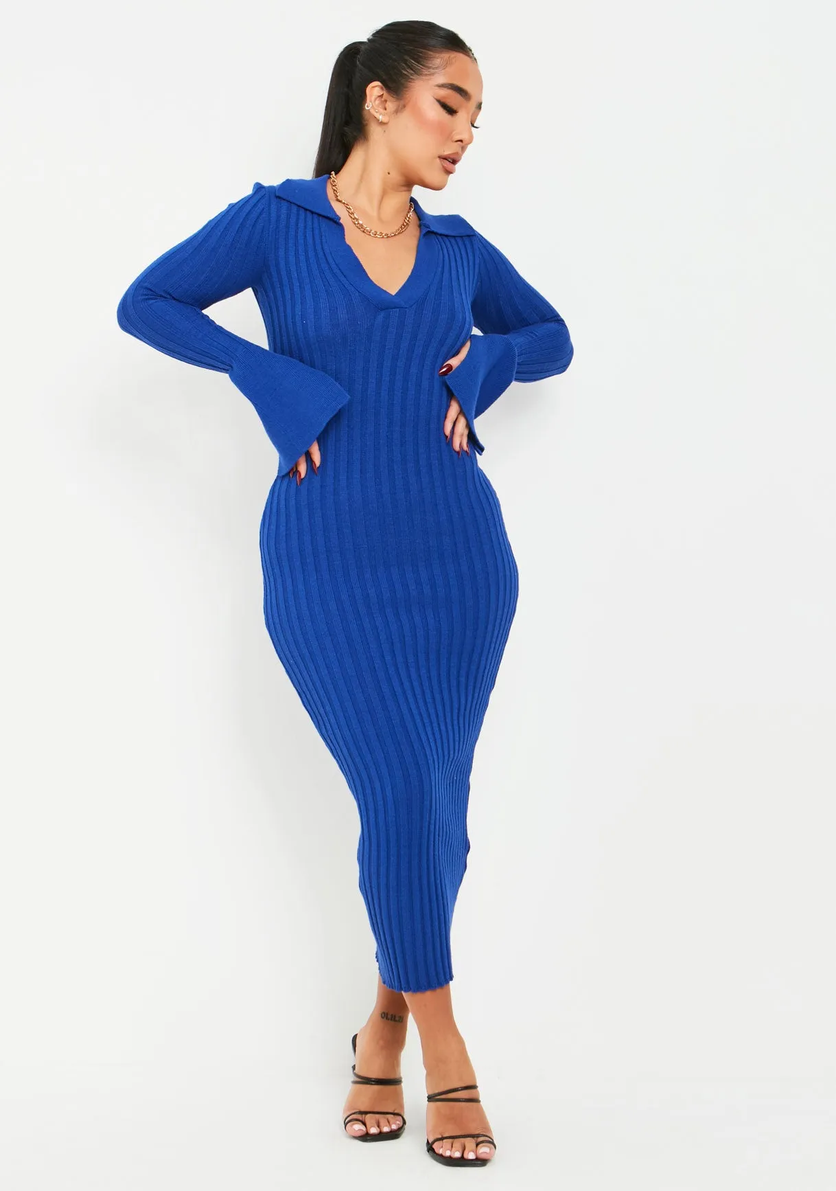 Maura Blue Knitted Collar Flared Sleeve Midi Dress