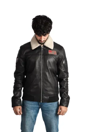 Mens Aviator Bomber Leather Jacket With Fur Collar High End Designer Quality - ELM1