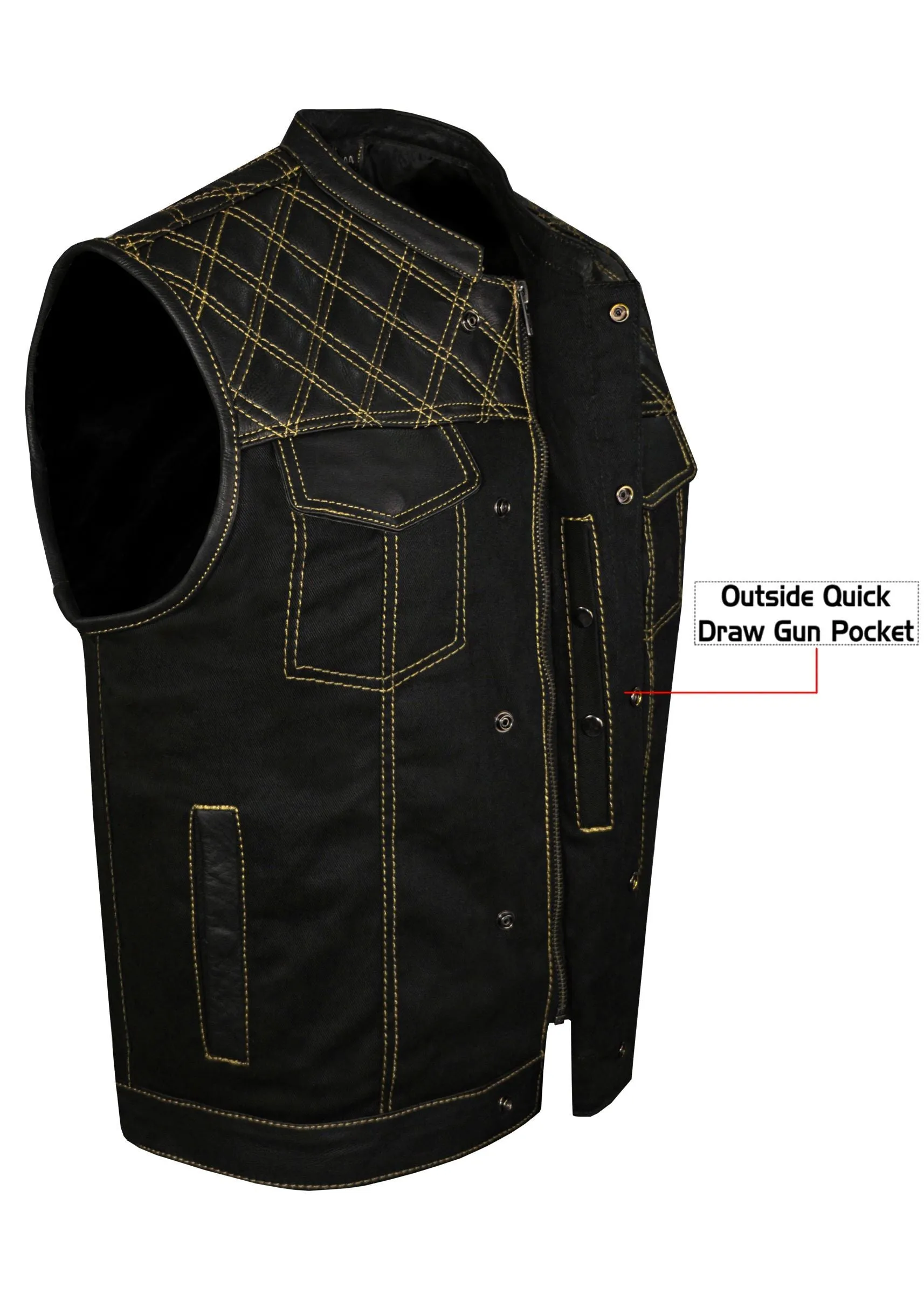 Mens Black Club Vest Diamond Design Yellow Thread Leather & Denim