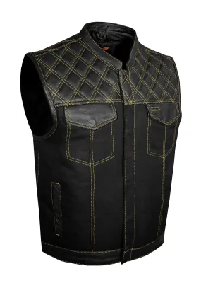 Mens Black Club Vest Diamond Design Yellow Thread Leather & Denim