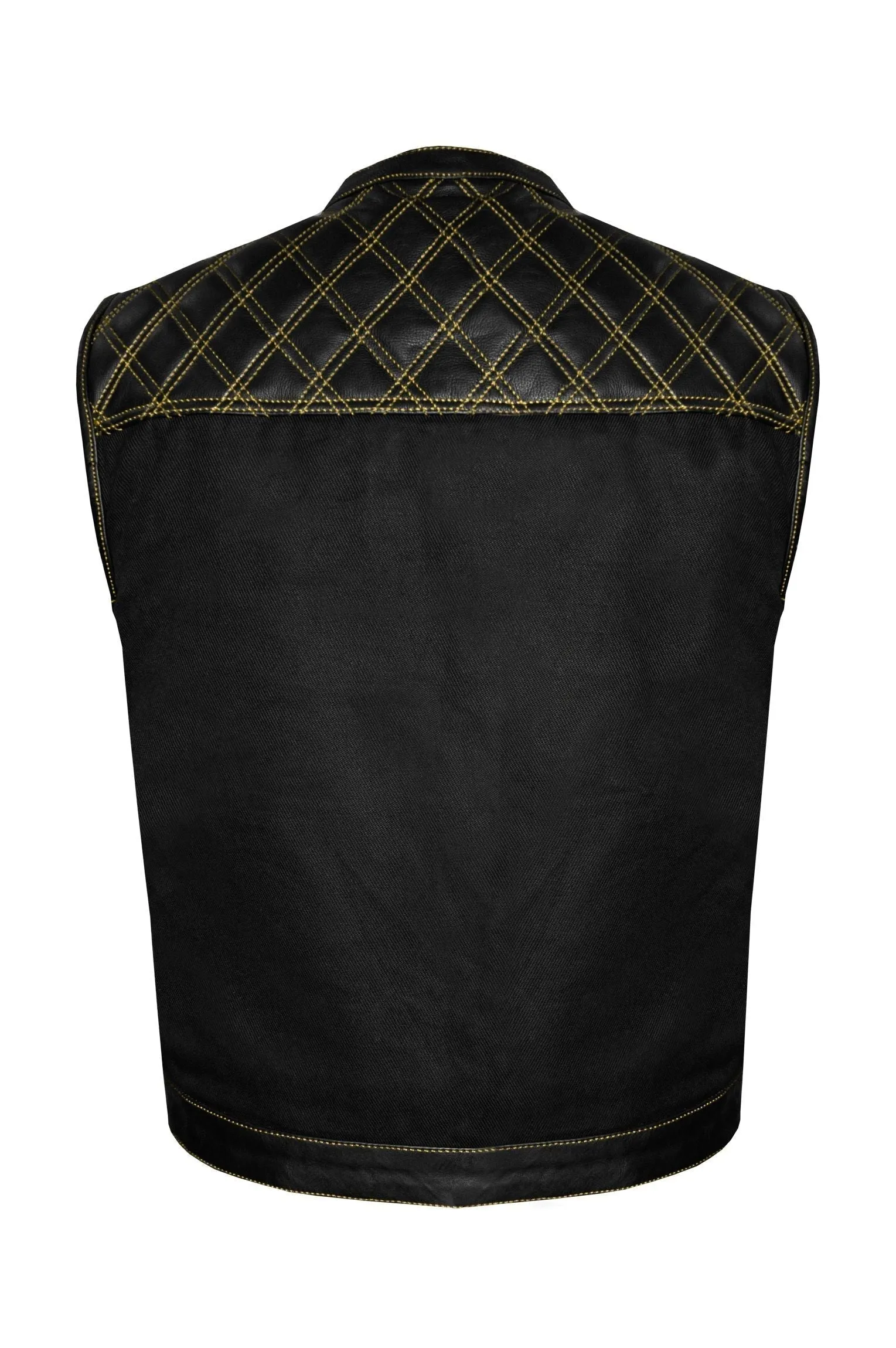 Mens Black Club Vest Diamond Design Yellow Thread Leather & Denim