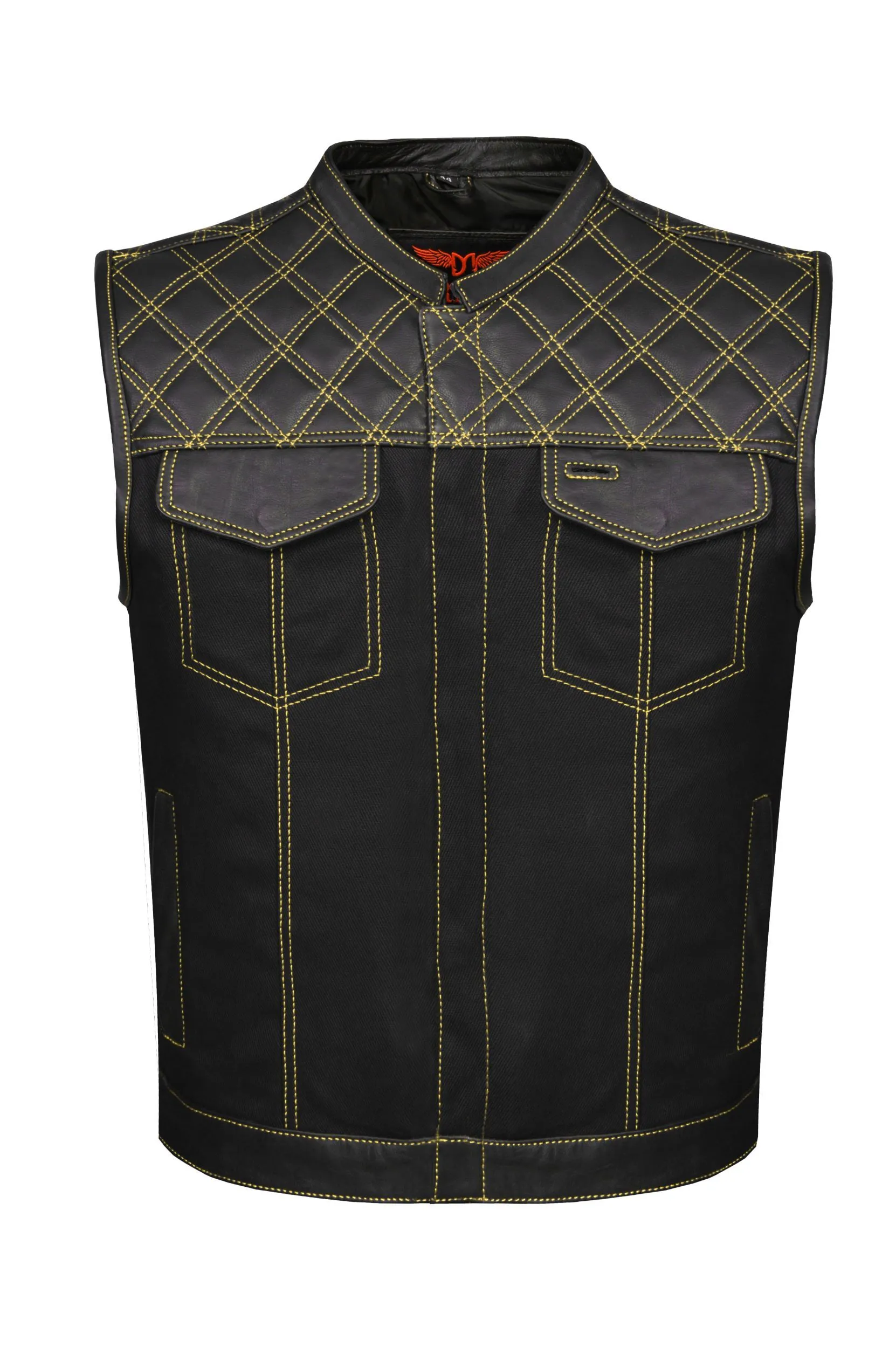 Mens Black Club Vest Diamond Design Yellow Thread Leather & Denim