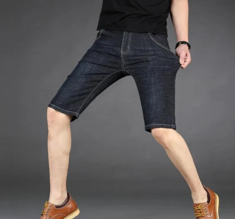 Mens Black Knee Length Slim Fit Denim Shorts