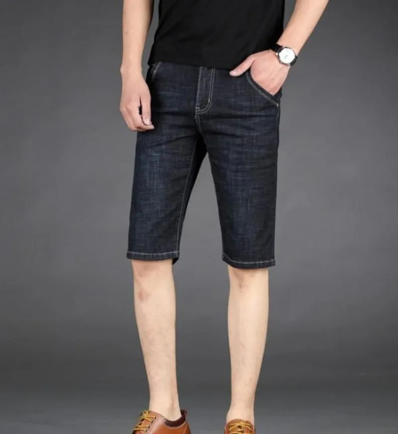 Mens Black Knee Length Slim Fit Denim Shorts