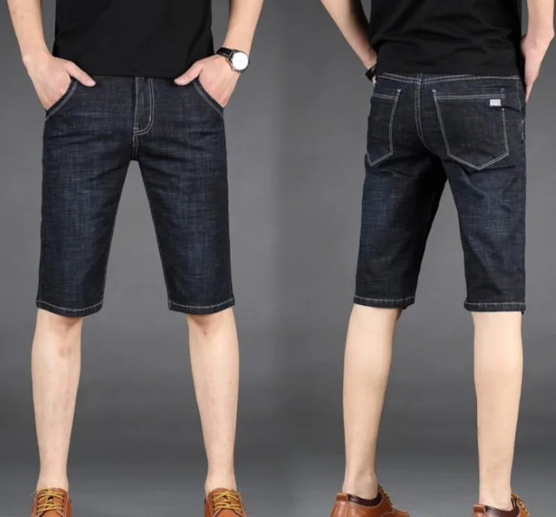 Mens Black Knee Length Slim Fit Denim Shorts