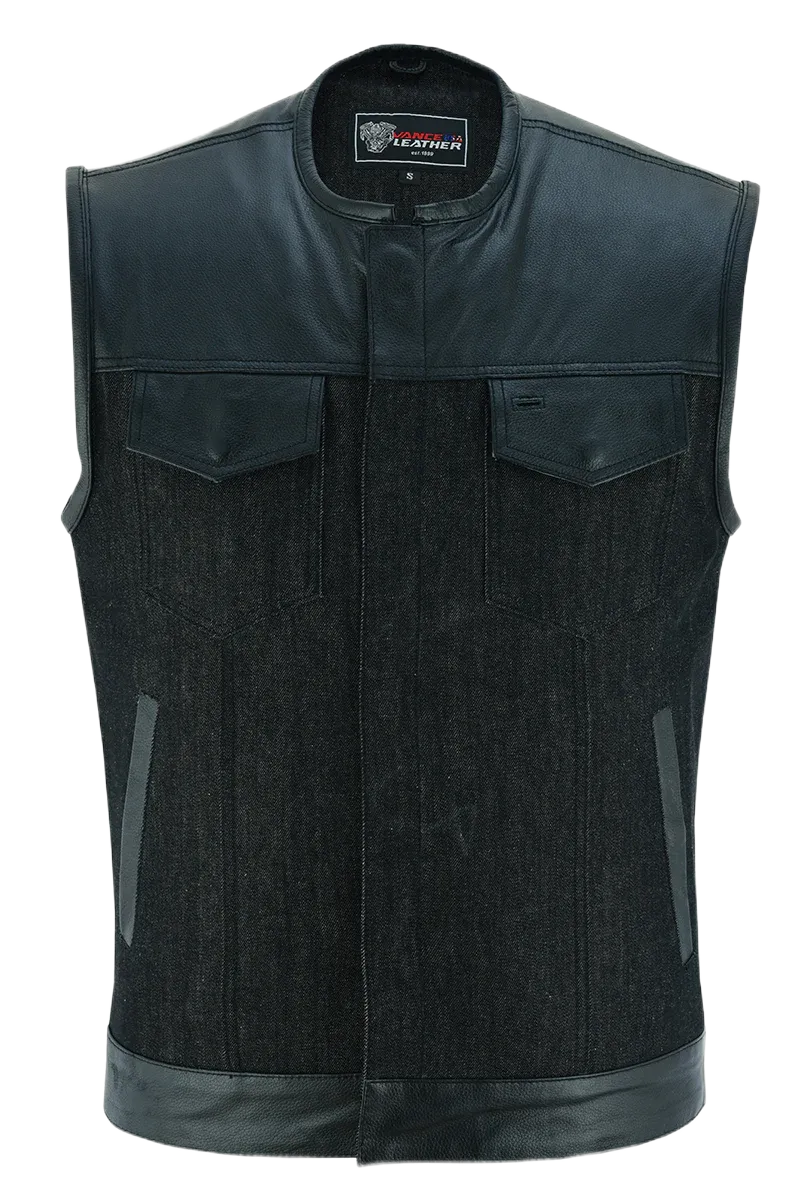 Mens Denim & Leather Motorcycle Vest with Dual Conceal Carry Pockets, SOA Biker Club Vest, Snap & Zipper Closure