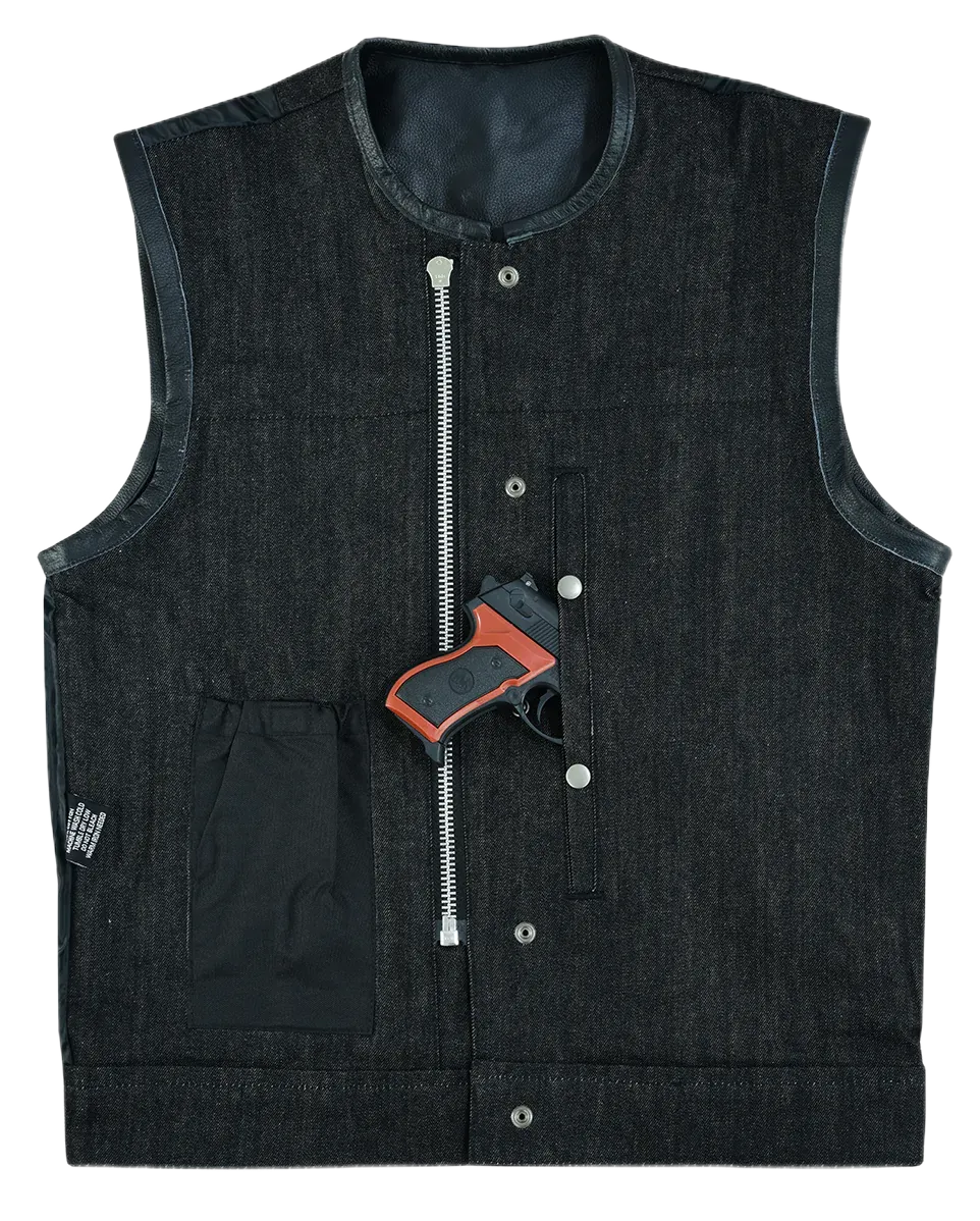 Mens Denim & Leather Motorcycle Vest with Dual Conceal Carry Pockets, SOA Biker Club Vest, Snap & Zipper Closure