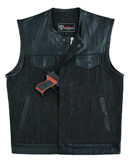 Mens Denim & Leather Motorcycle Vest with Dual Conceal Carry Pockets, SOA Biker Club Vest, Snap & Zipper Closure