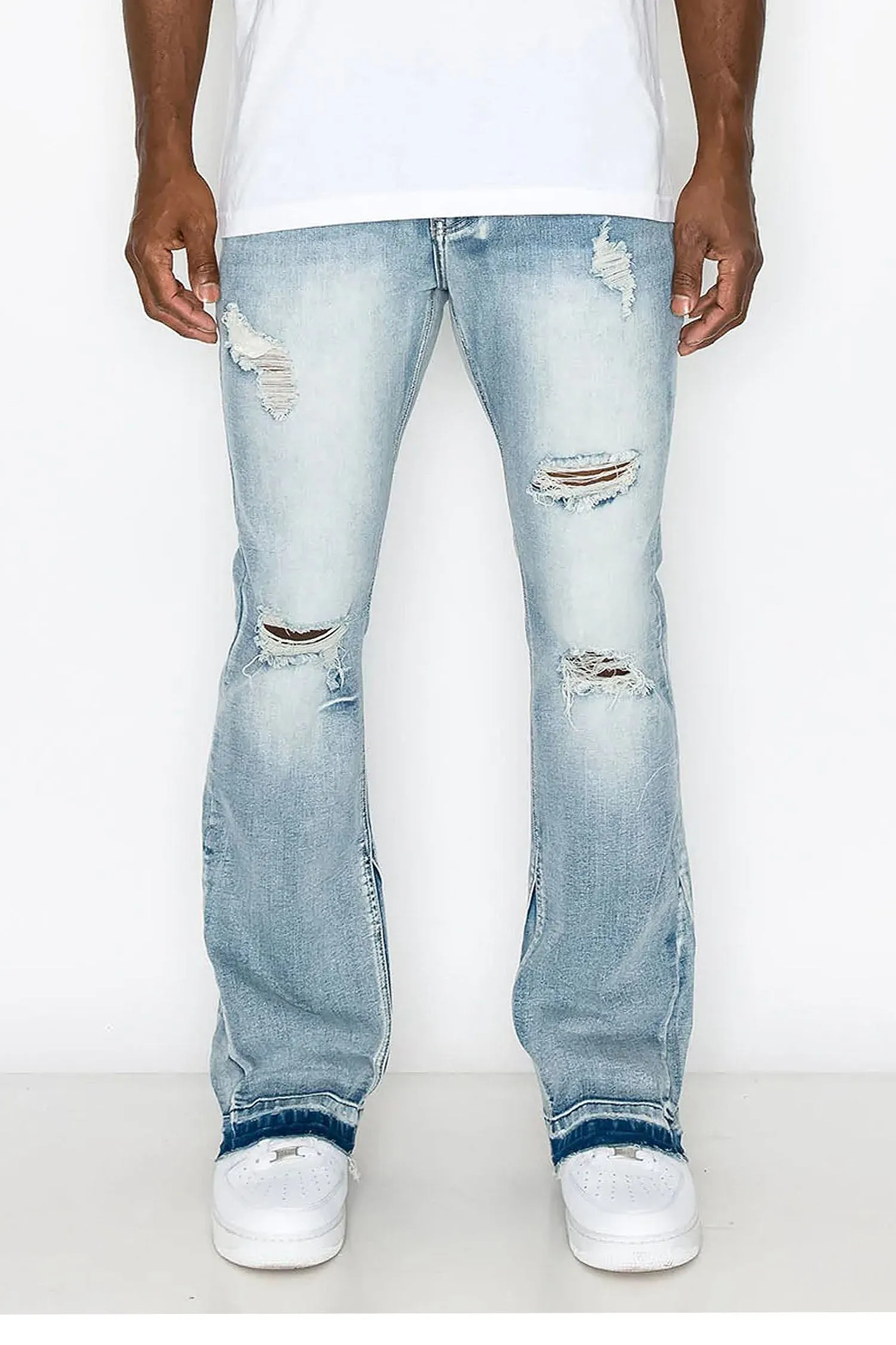 Men's Essential Distressed Light Washed Flared Denim Jeans