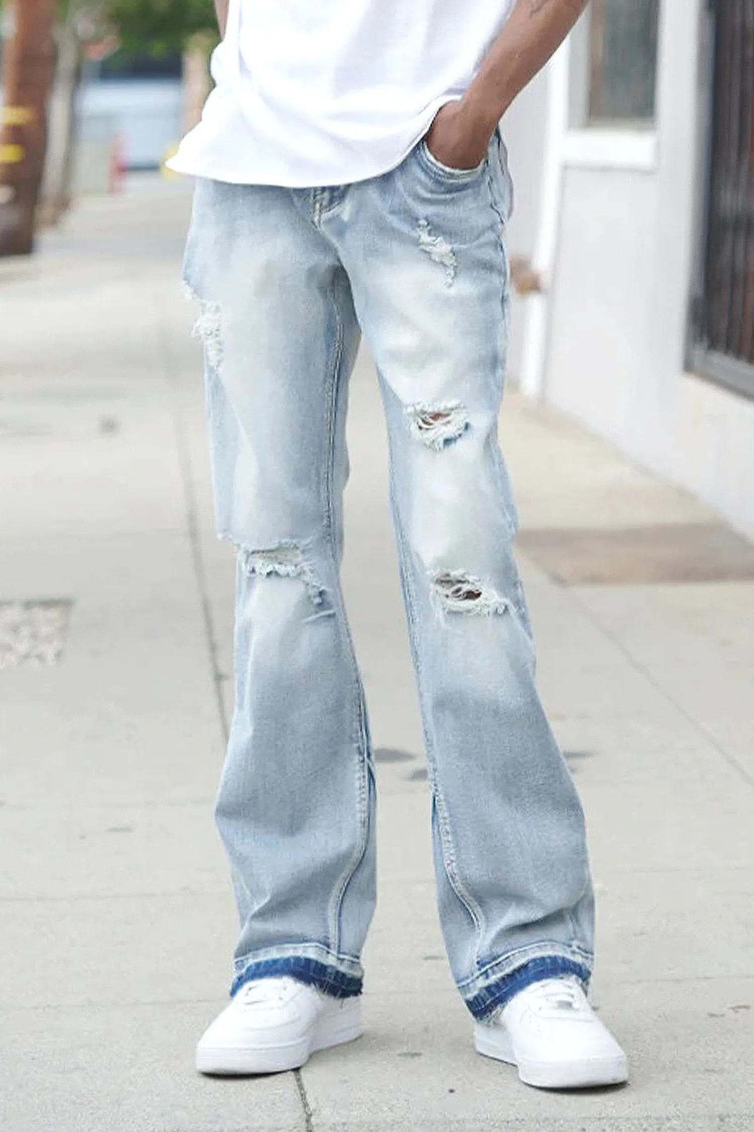 Men's Essential Distressed Light Washed Flared Denim Jeans