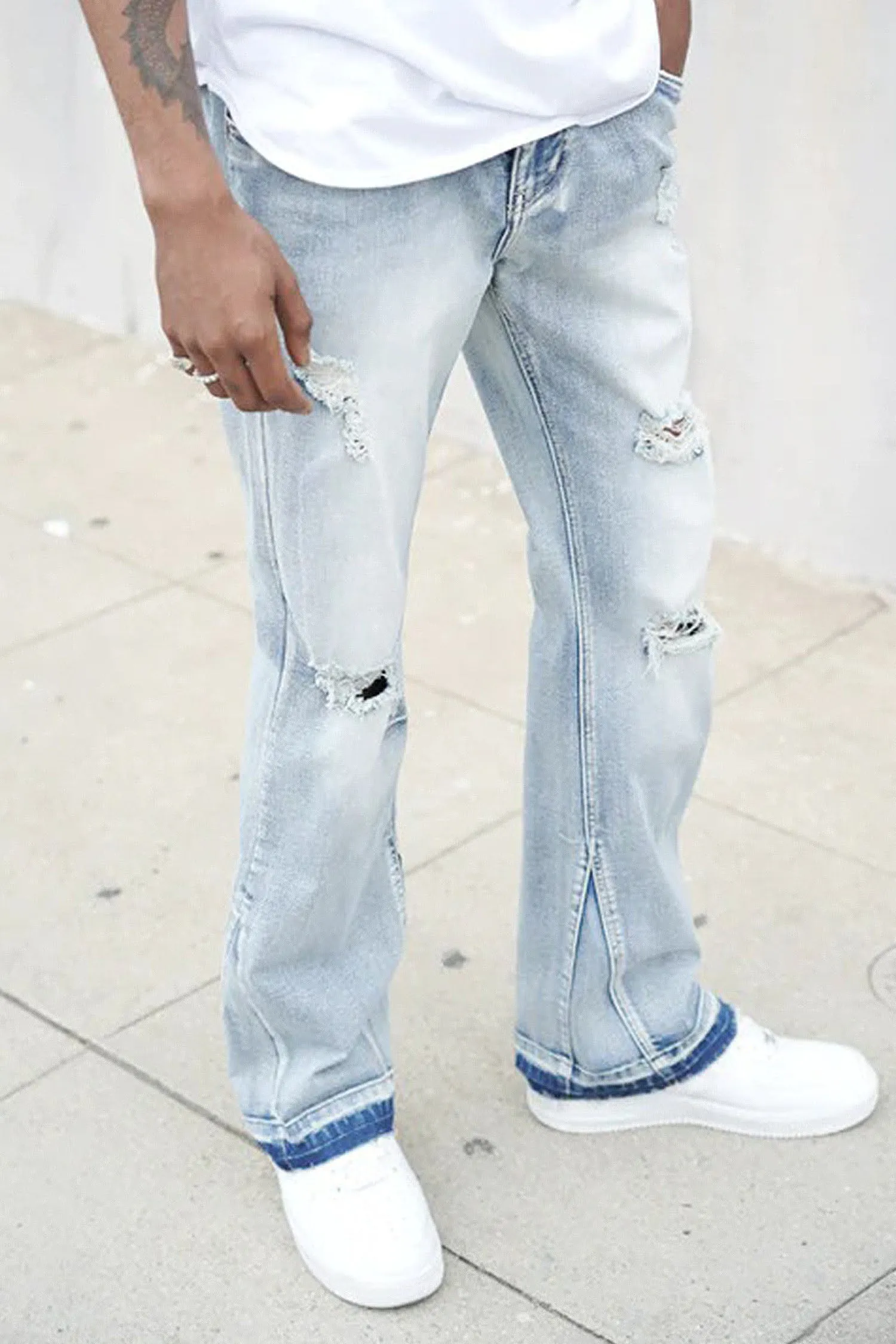 Men's Essential Distressed Light Washed Flared Denim Jeans