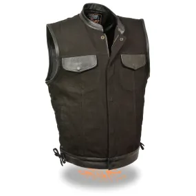 Men’s Side Lace Denim Vest w/ Leather Trim & Hidden Zipper