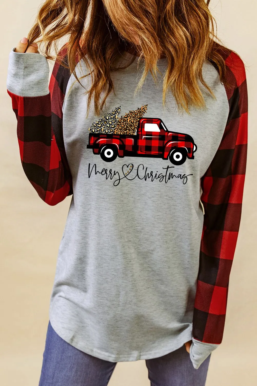 Merry Christmas Truck Plaid Patchwork Pullover Sweatshirt