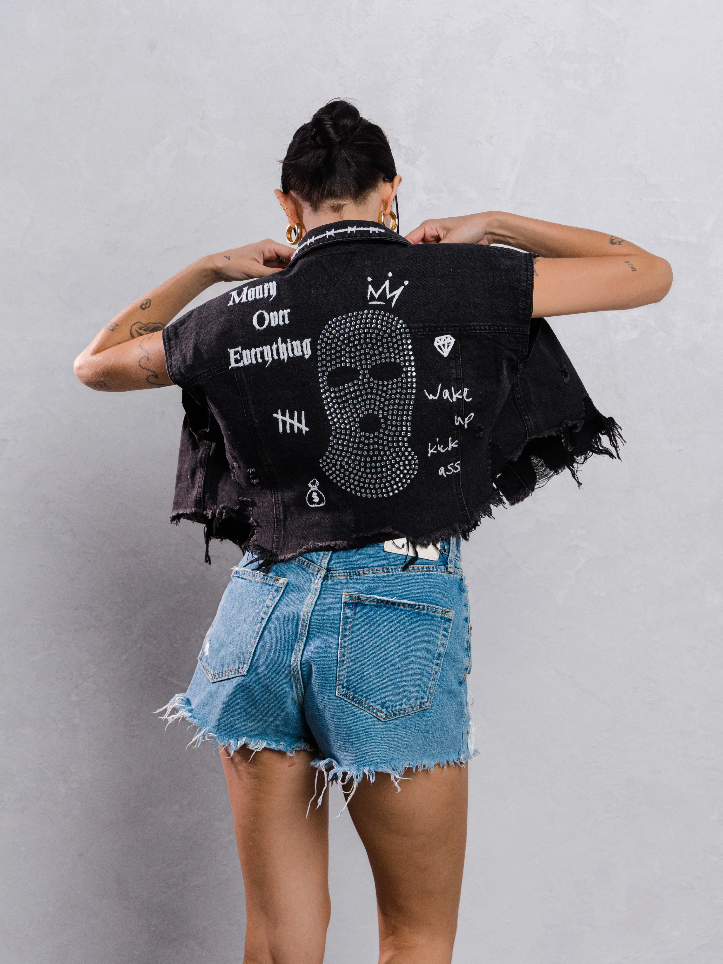 MONEY OVER EVERYTHING Crop Denim Vest