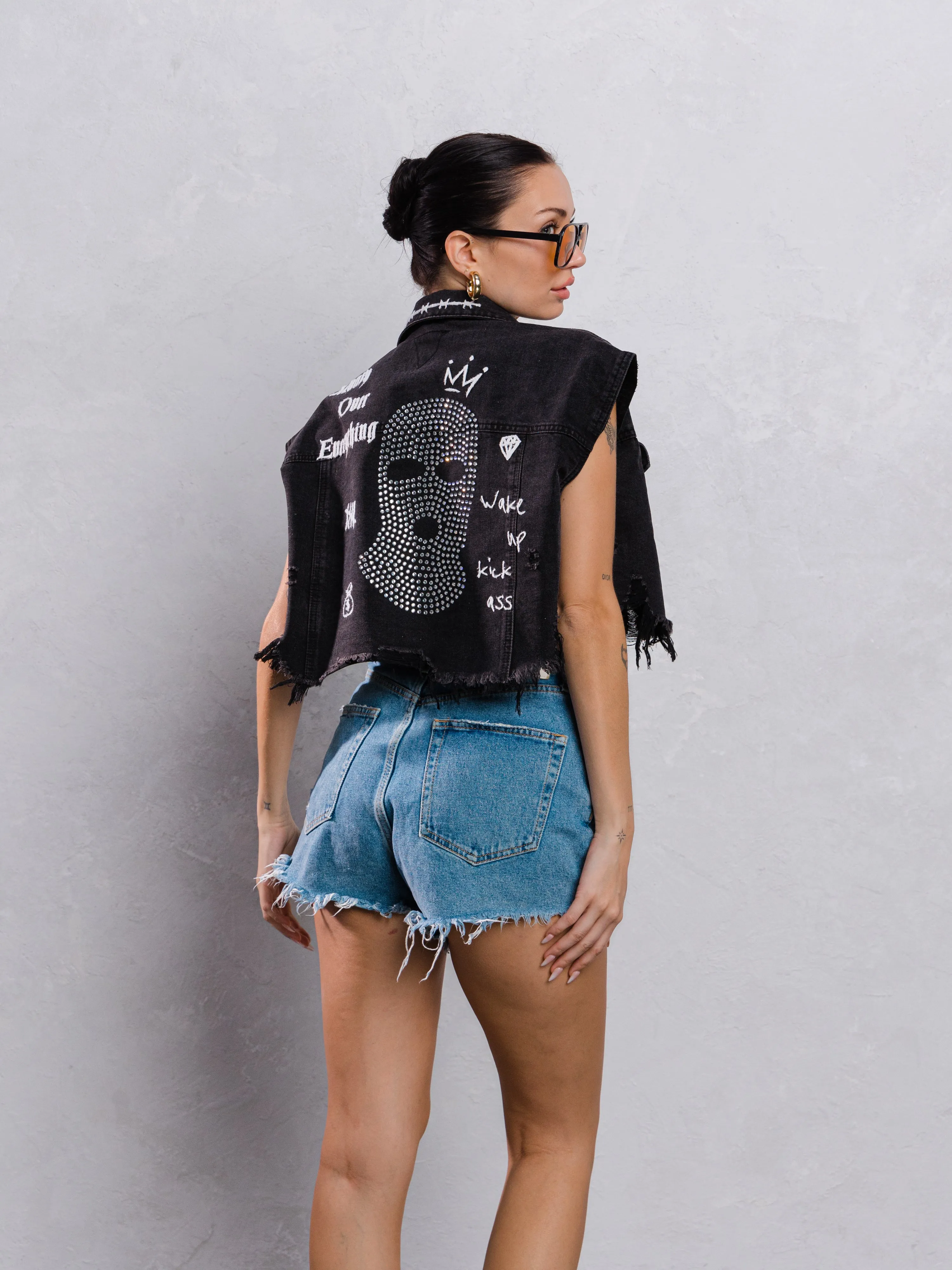 MONEY OVER EVERYTHING Crop Denim Vest