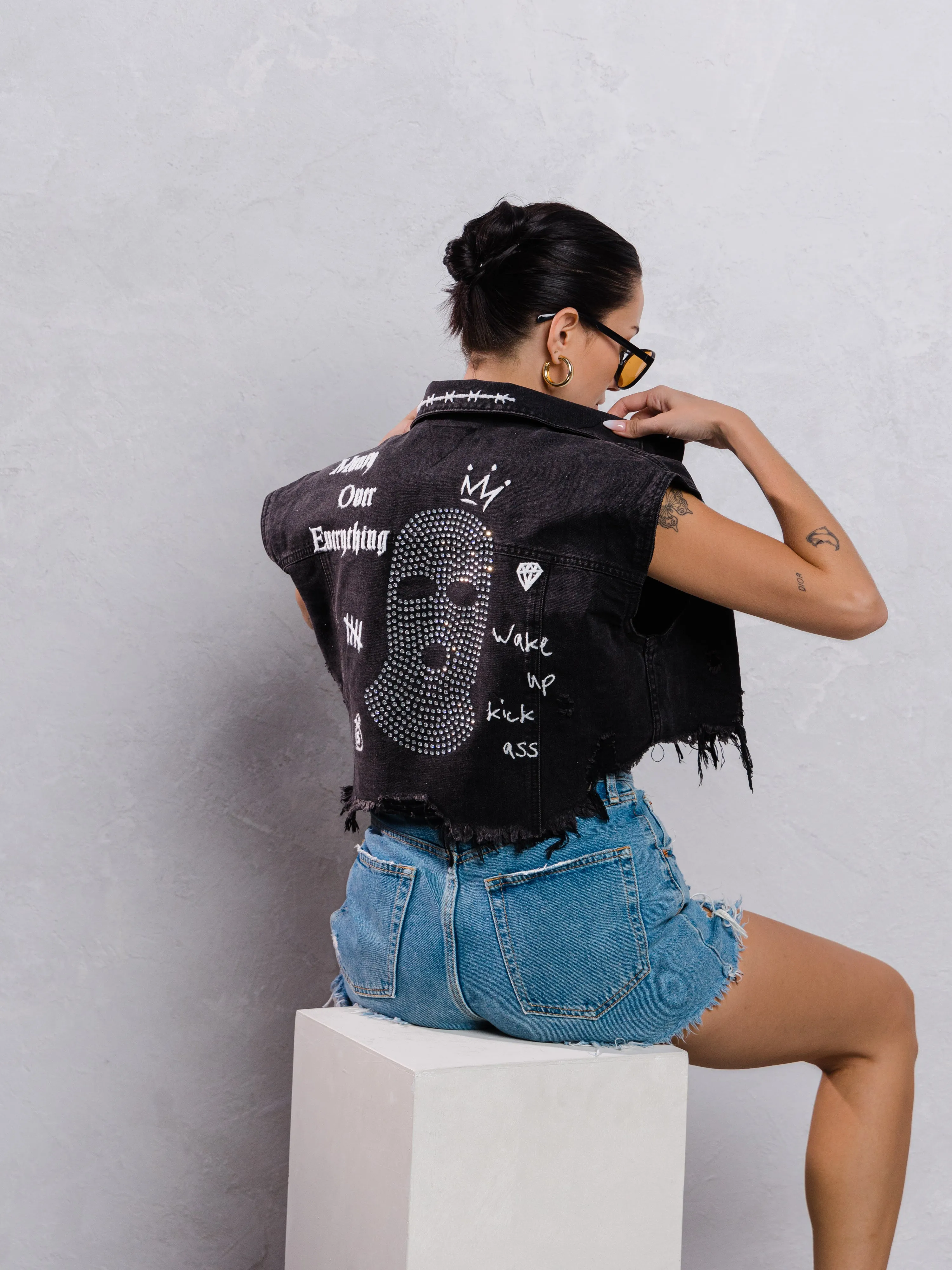 MONEY OVER EVERYTHING Crop Denim Vest