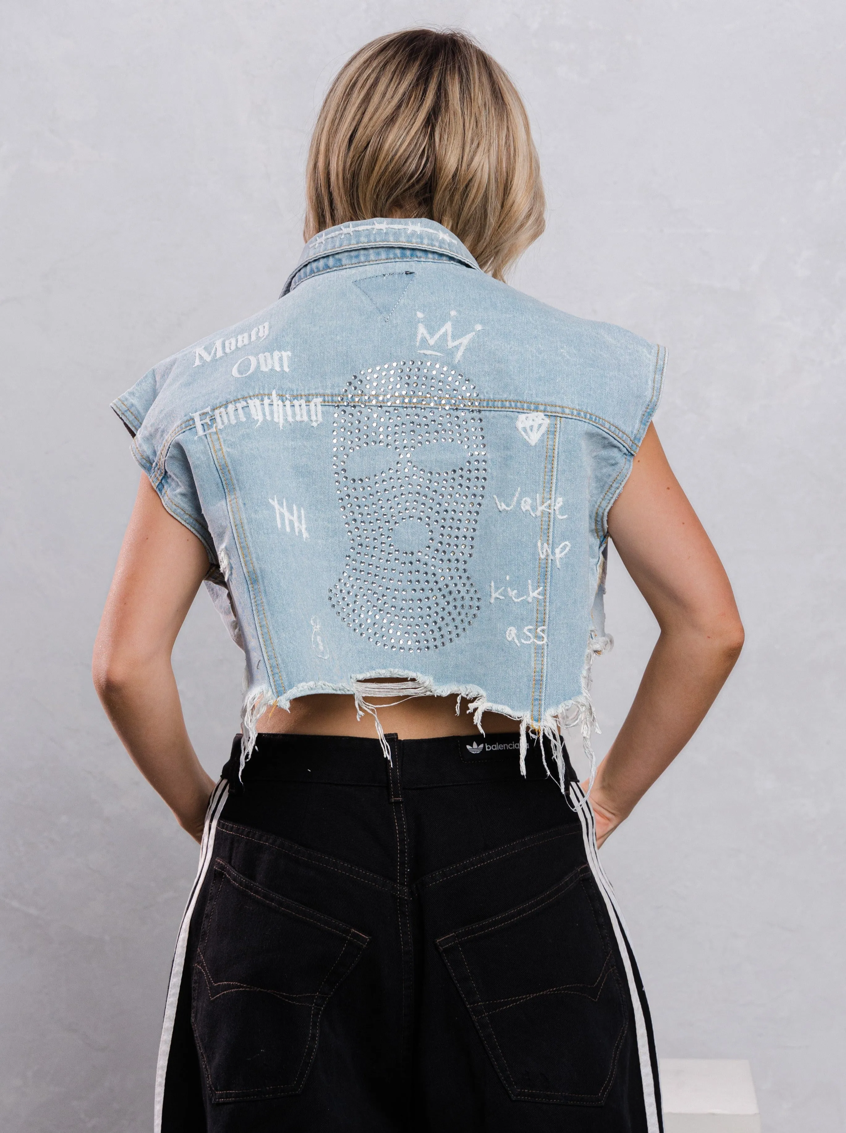 MONEY OVER EVERYTHING Crop Denim Vest