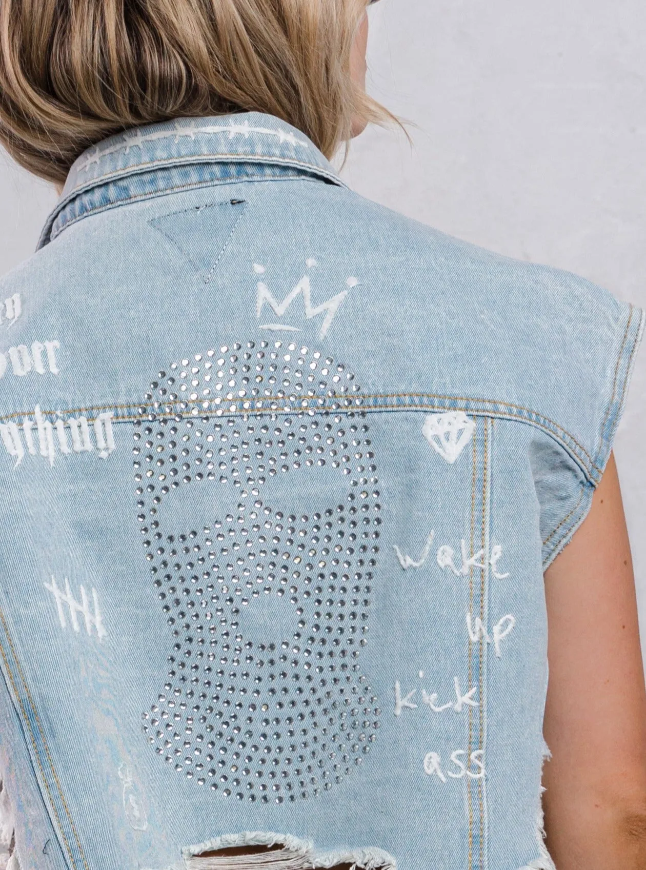 MONEY OVER EVERYTHING Crop Denim Vest