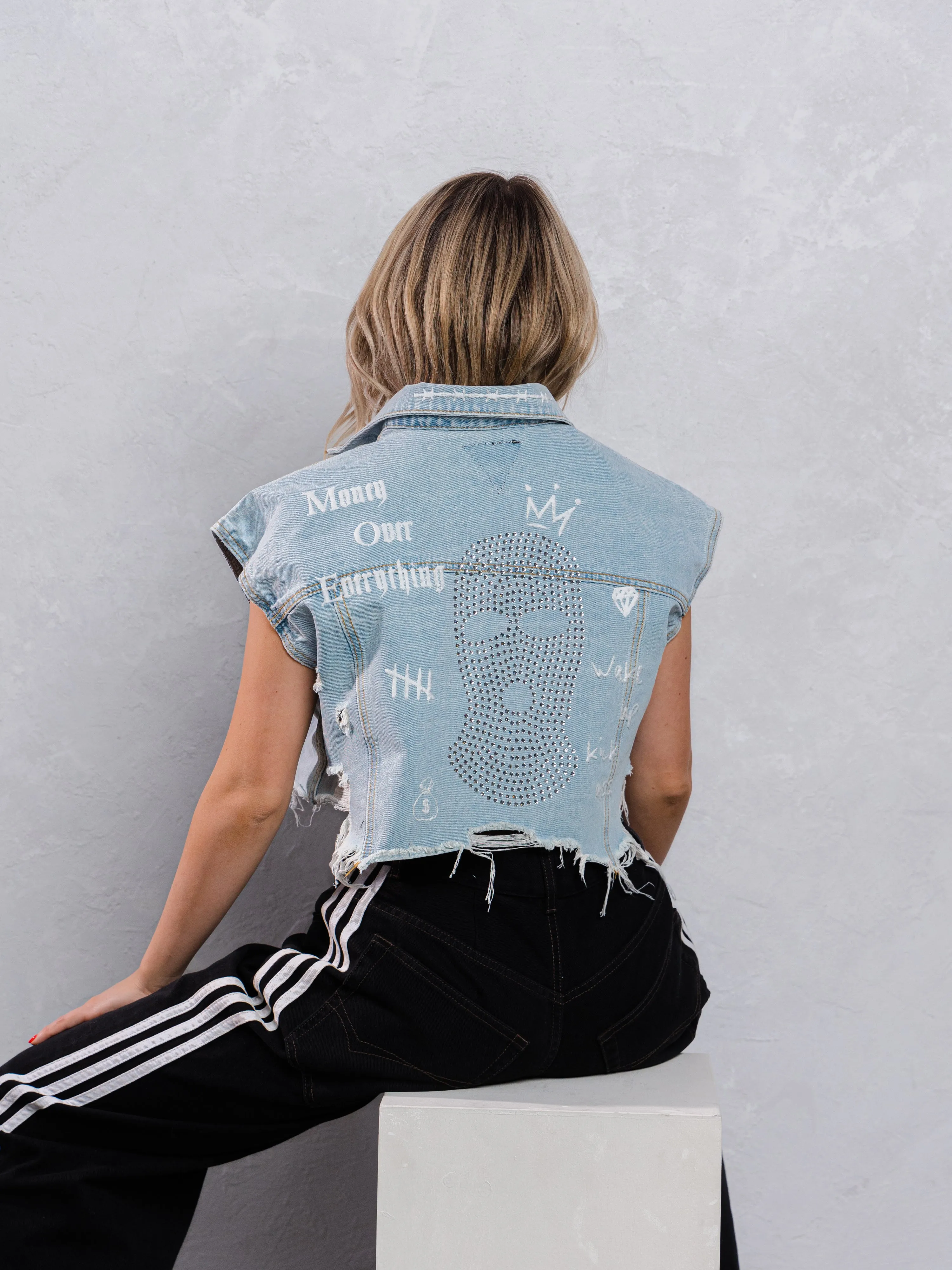 MONEY OVER EVERYTHING Crop Denim Vest