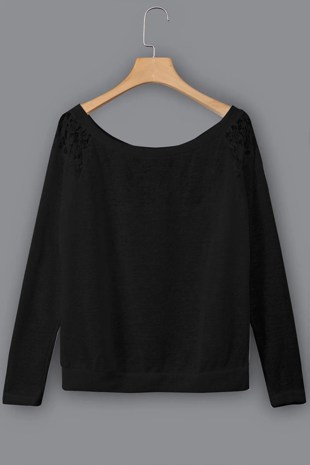 OEM ODM Round Neck Lace Hollow Long Sleeve Black Top