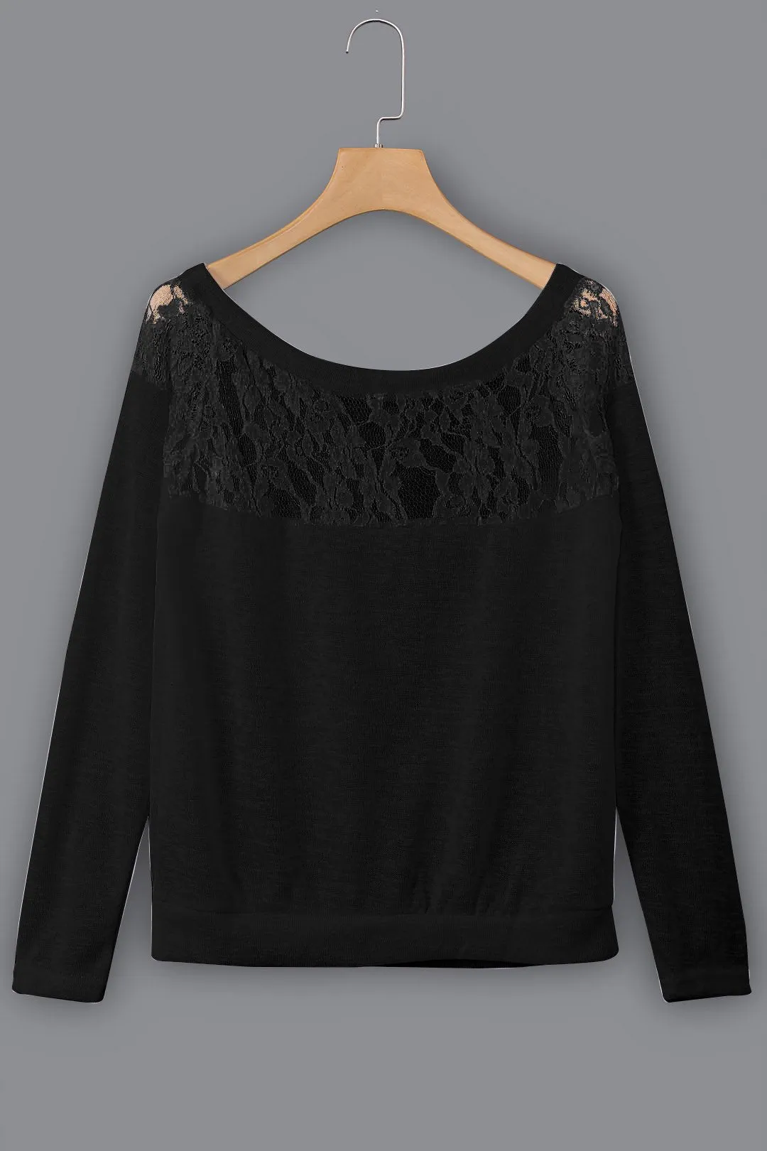 OEM ODM Round Neck Lace Hollow Long Sleeve Black Top