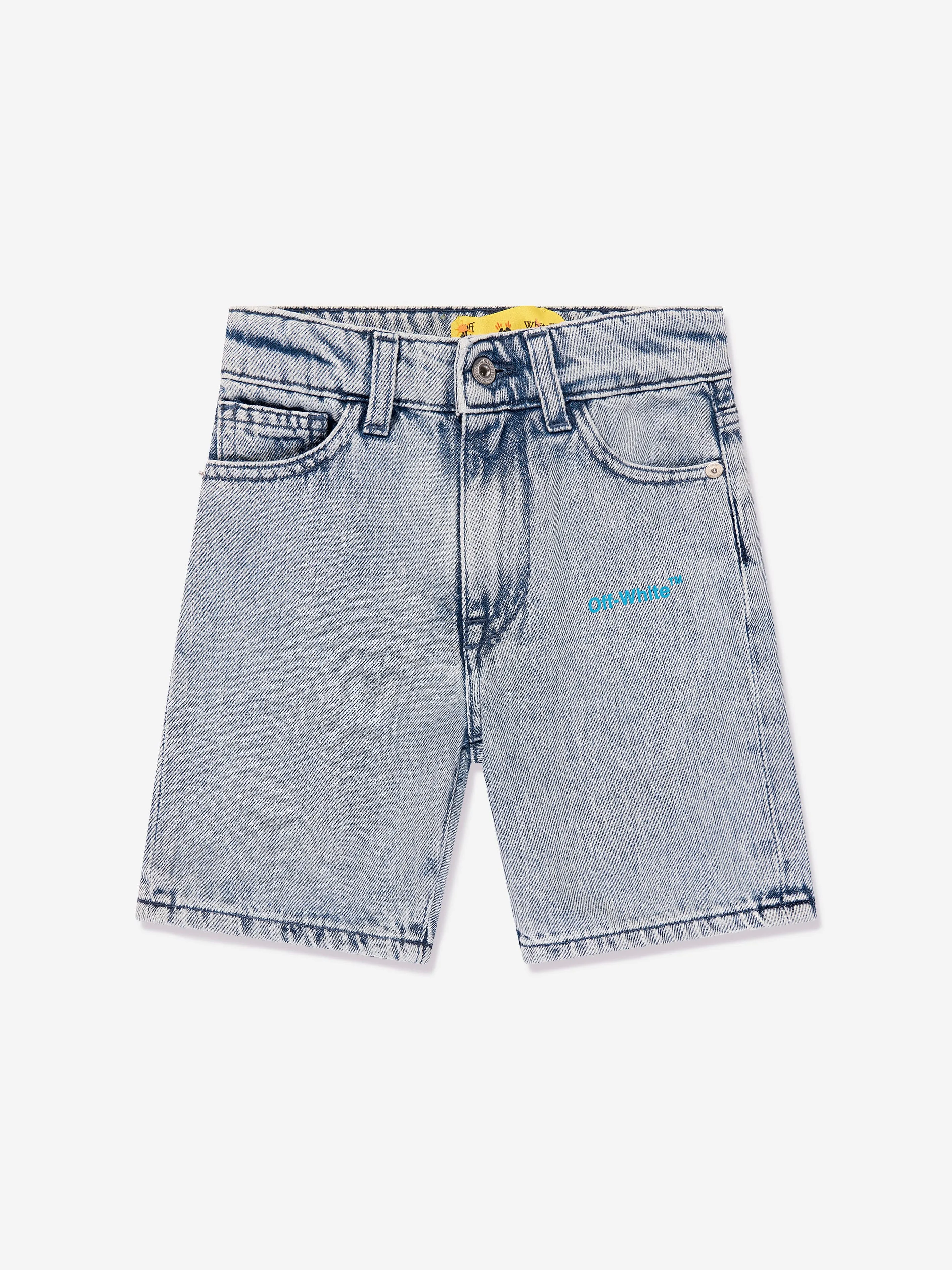 Off-White Boys Helvetica Diag Denim Shorts in Blue