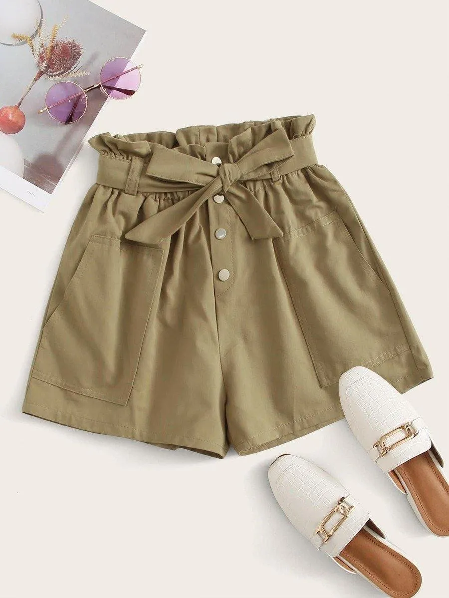 Paperbag Waist Button Front Belted Shorts