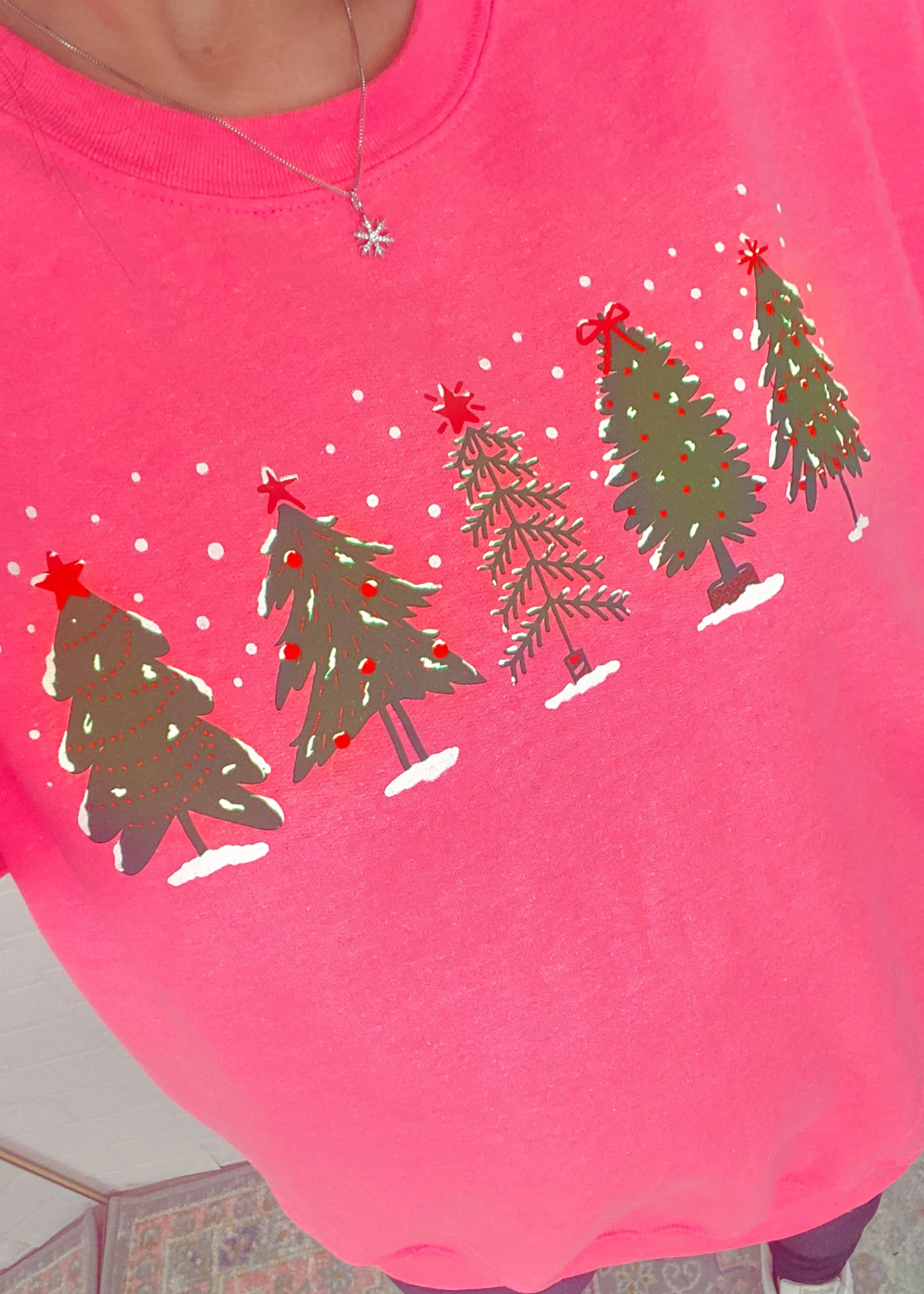 'Simply Having a Wonderful Christmas Time' Hot Pink Tree Row Double Sided Sweatshirt