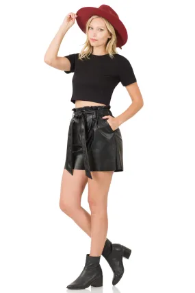 Vegan Leather Tie Waist Paperbag Shorts