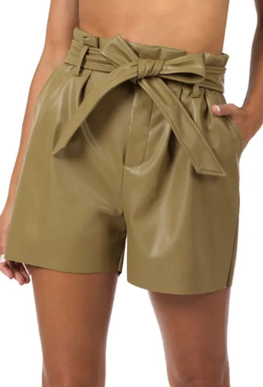 Vegan Leather Tie Waist Paperbag Shorts