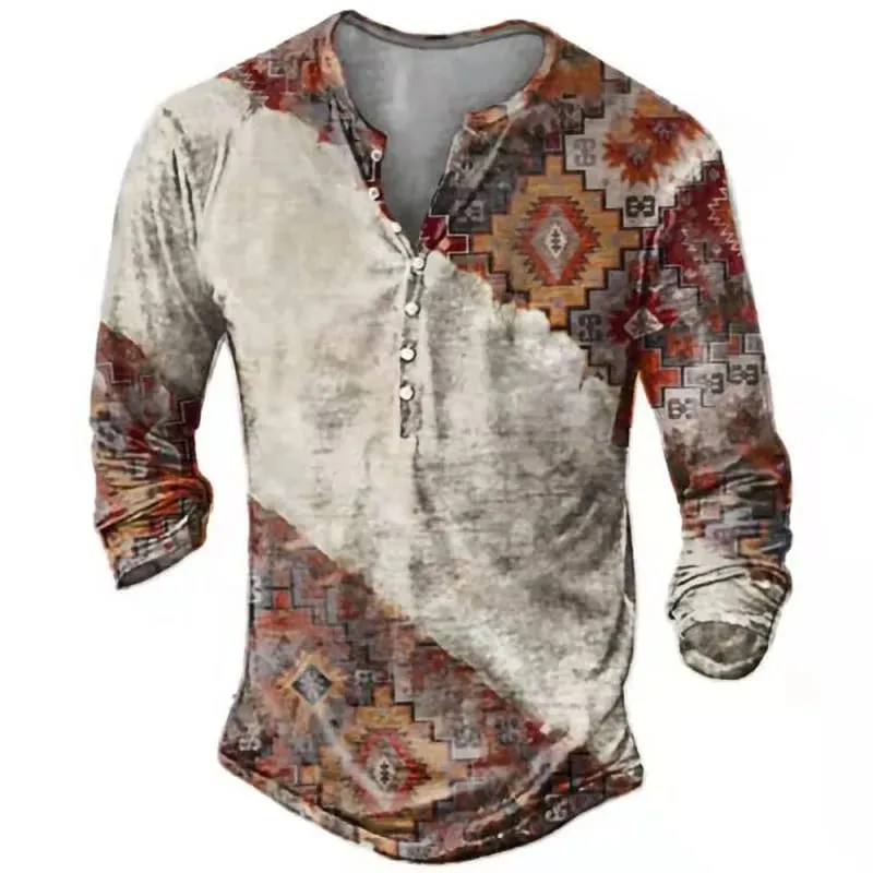 Vintage Men's T-Shirts With Button Ethnic Pattern Print Spring Autumn Loose O-Neck Long Sleeve Oversized T Shirts Male Clothing 070015636