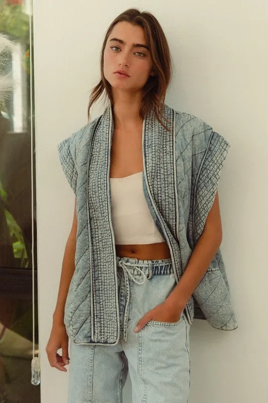 Waitlist 12/14 ♥  Kay Sleeveless Oversized Open Front Quilted Denim Vest Blue