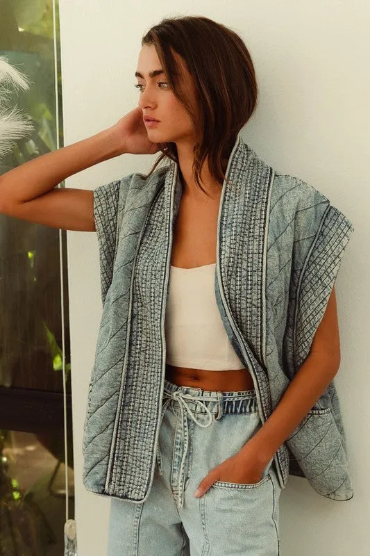 Waitlist 12/14 ♥  Kay Sleeveless Oversized Open Front Quilted Denim Vest Blue