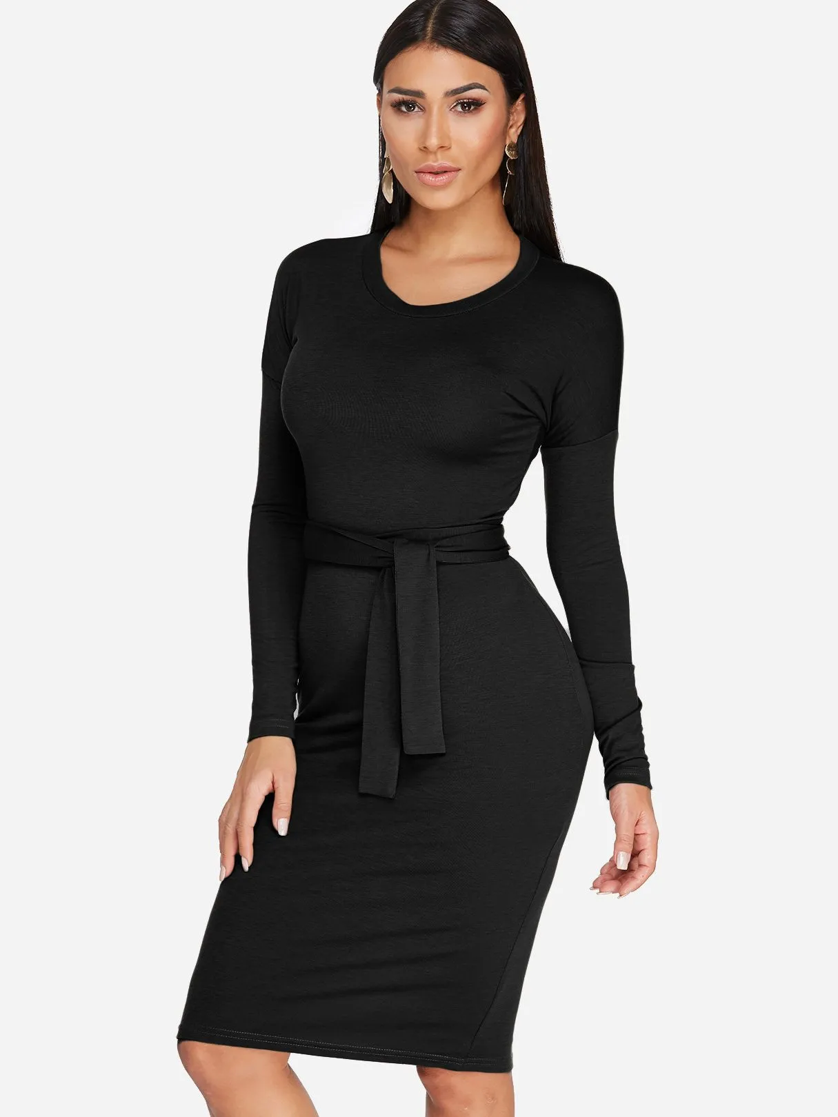 Wholesale Round Neck Long Sleeve Lace-Up Bodycon Hem Black Midi Dress