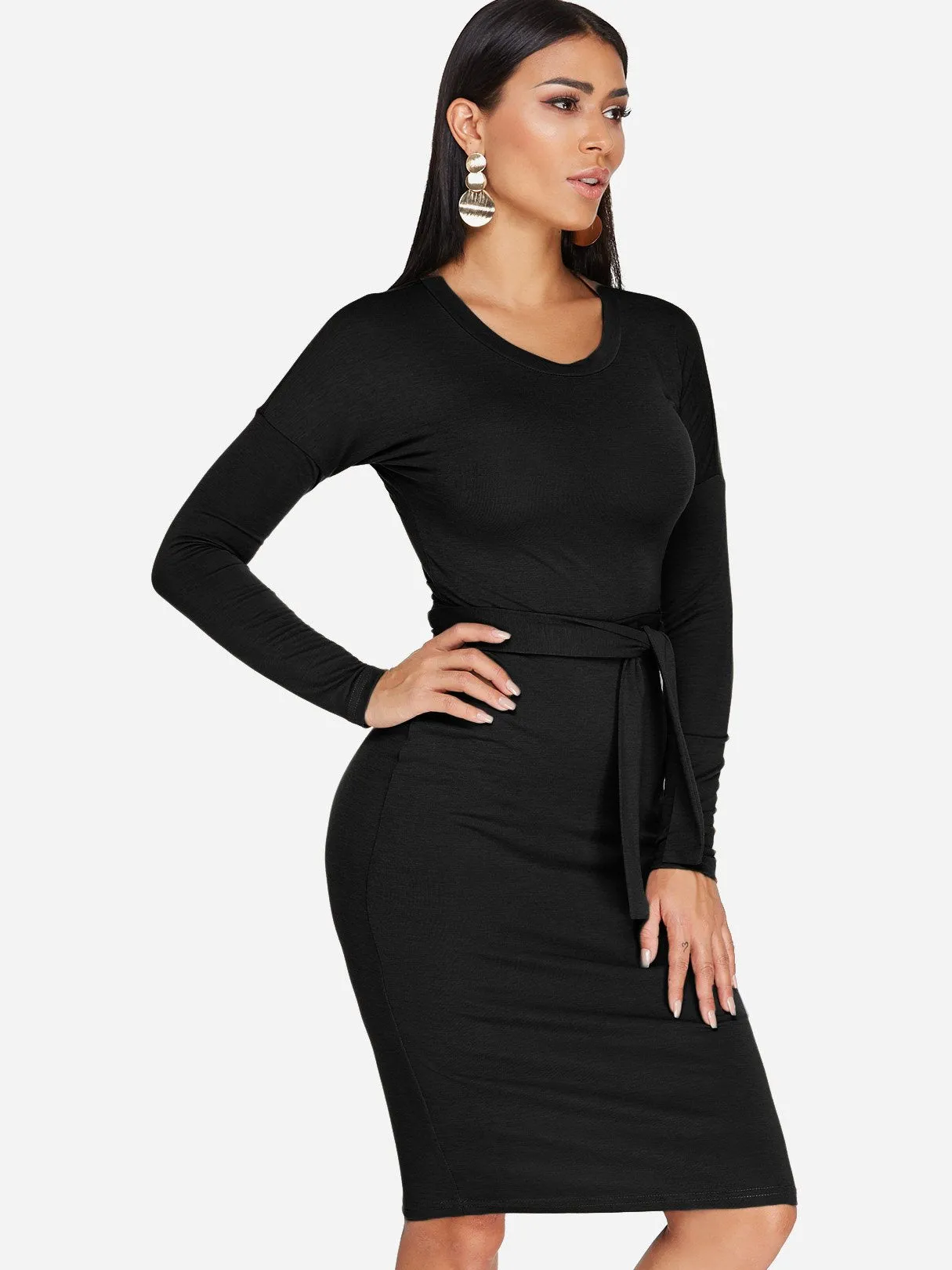 Wholesale Round Neck Long Sleeve Lace-Up Bodycon Hem Black Midi Dress