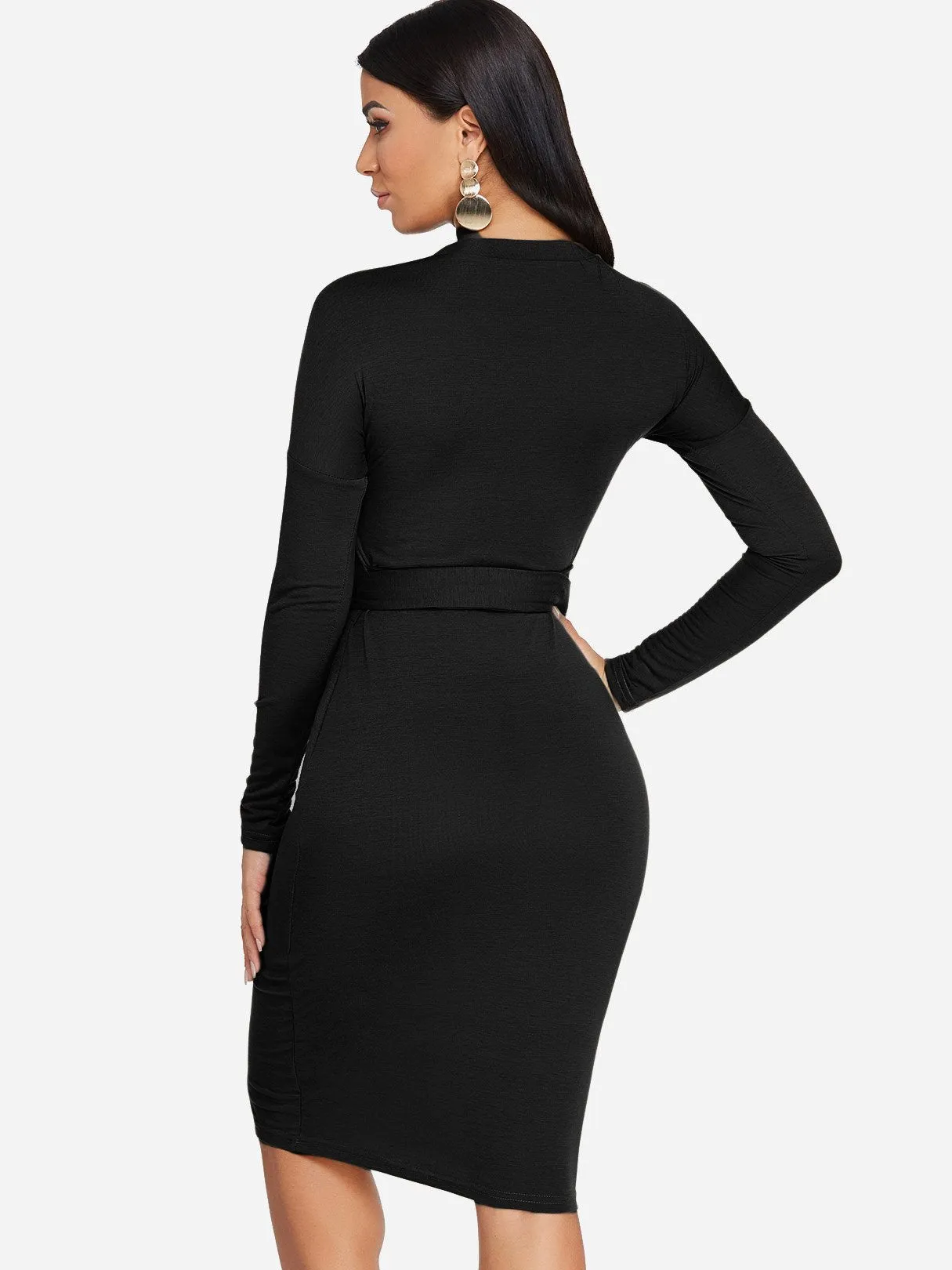 Wholesale Round Neck Long Sleeve Lace-Up Bodycon Hem Black Midi Dress