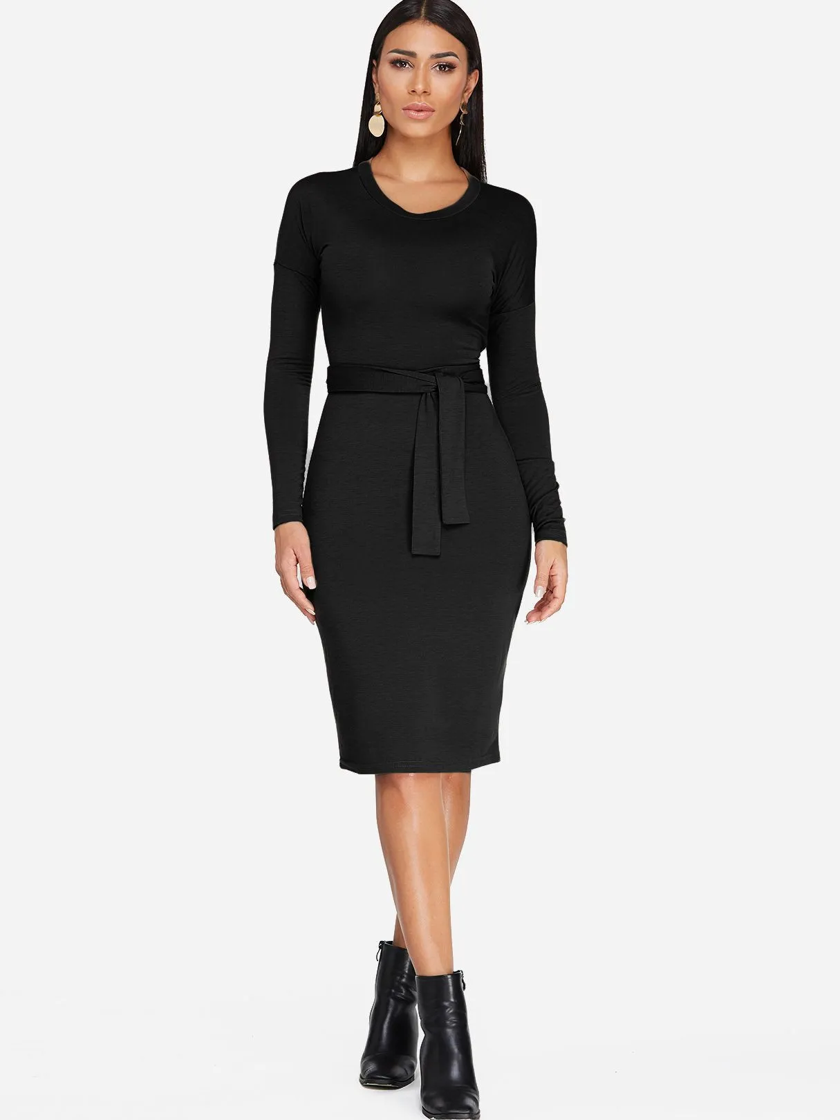 Wholesale Round Neck Long Sleeve Lace-Up Bodycon Hem Black Midi Dress