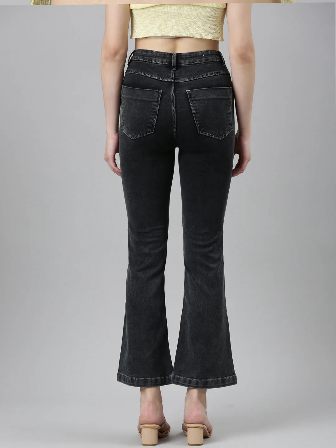 Women Black Solid Flared Denim Jeans