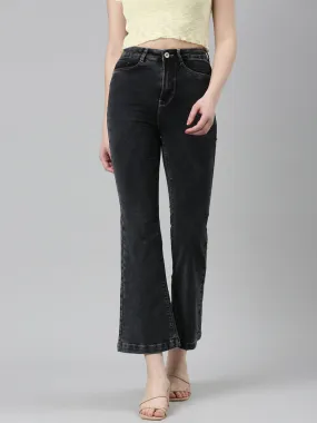 Women Black Solid Flared Denim Jeans