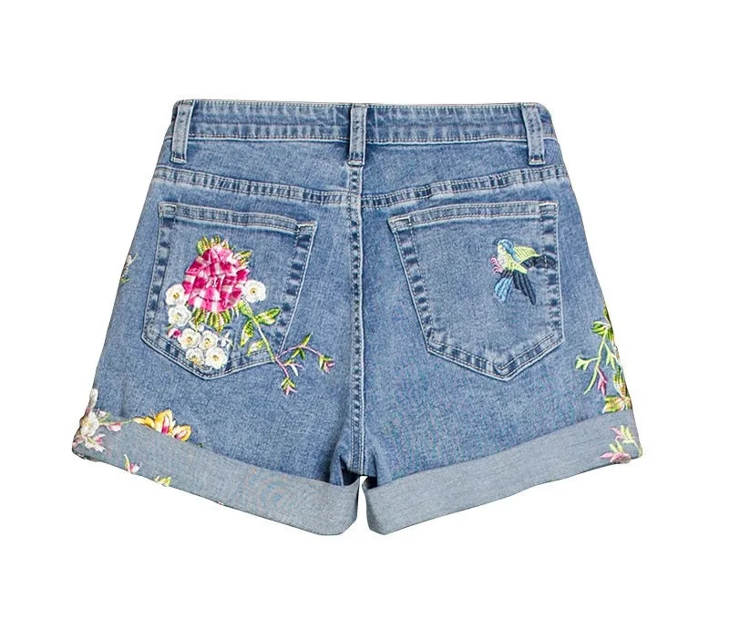 Women's Embroidered Flower Denim Short Jeans Woman Shorts Cute Shorts