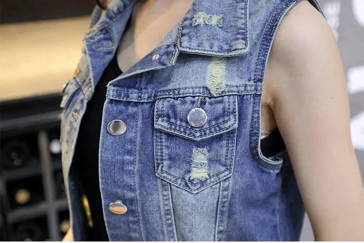 Womens Sleeveless Ripped Denim Vest