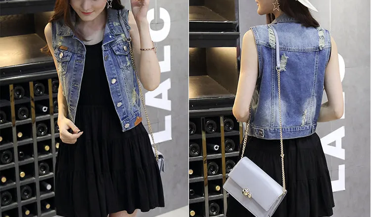 Womens Sleeveless Ripped Denim Vest