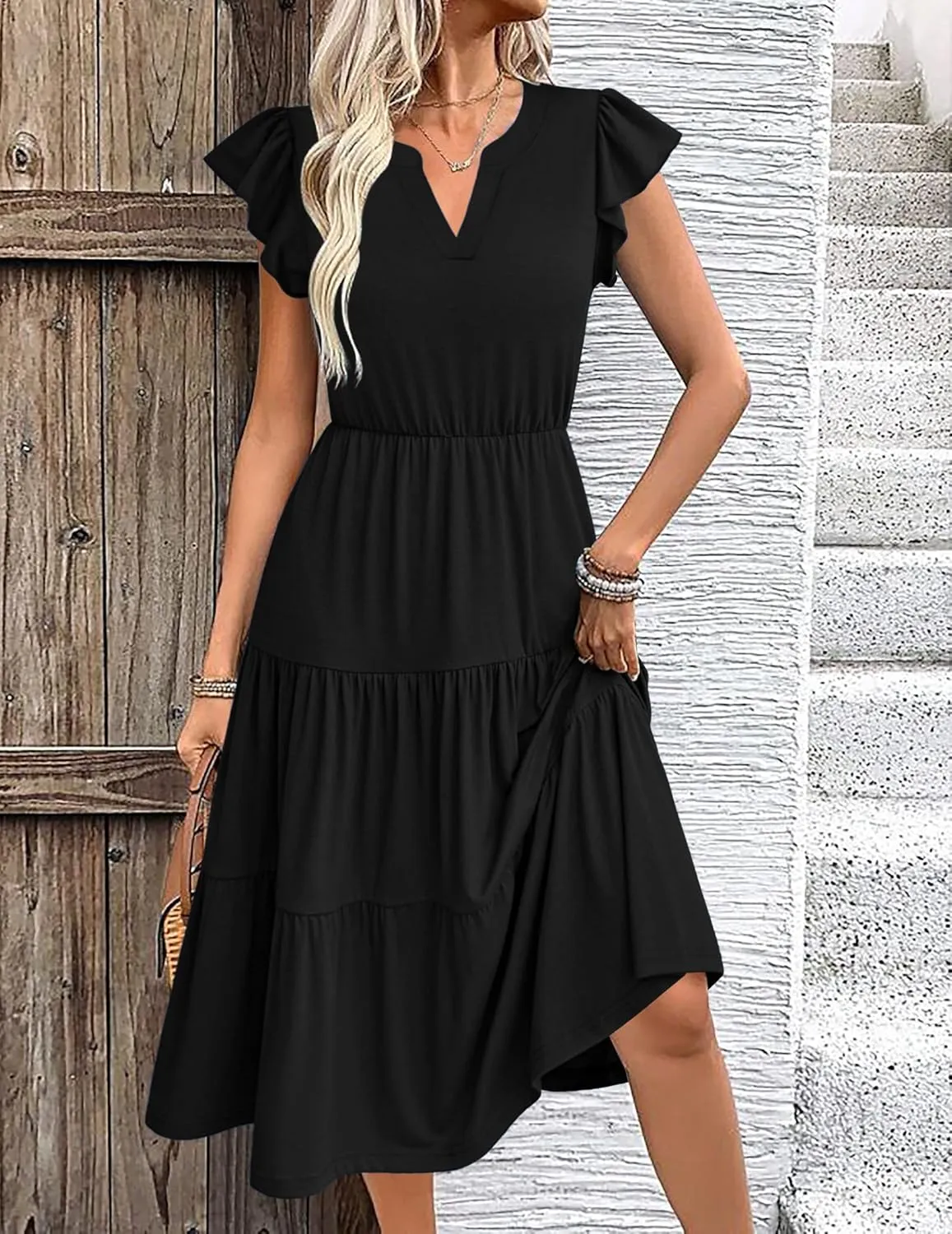 Zeagoo Casual Ruffle Sleeve V Neck Midi Dress