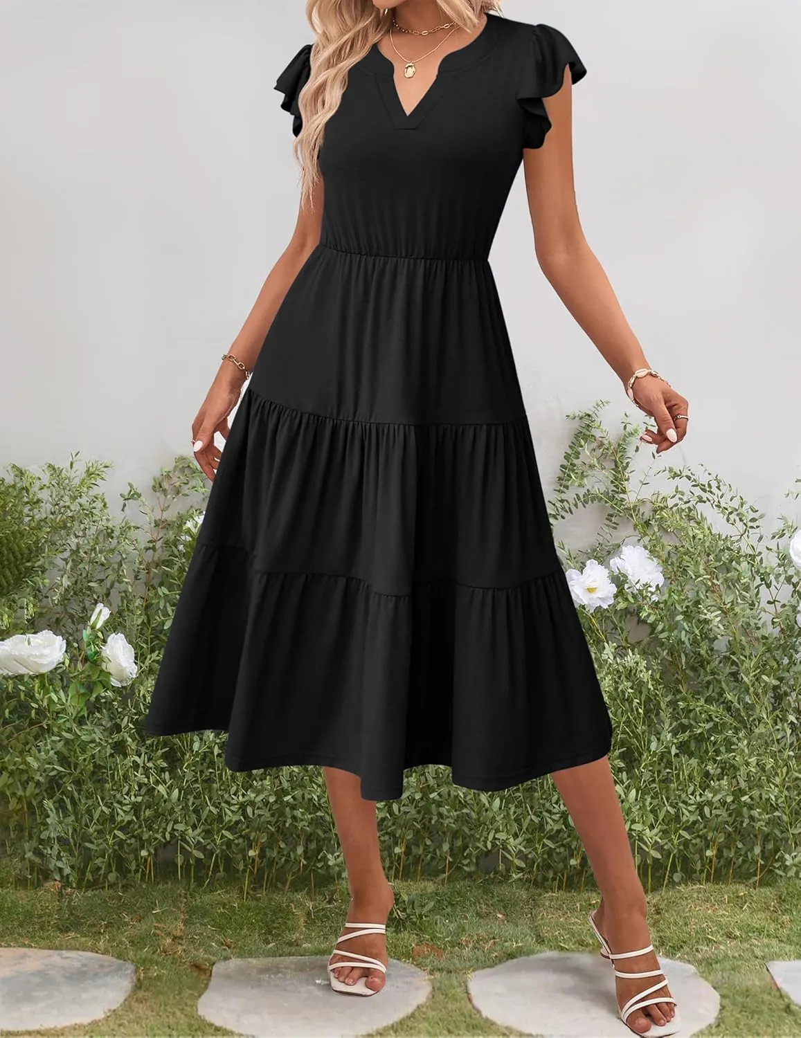 Zeagoo Casual Ruffle Sleeve V Neck Midi Dress