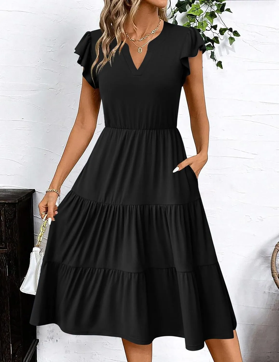 Zeagoo Casual Ruffle Sleeve V Neck Midi Dress