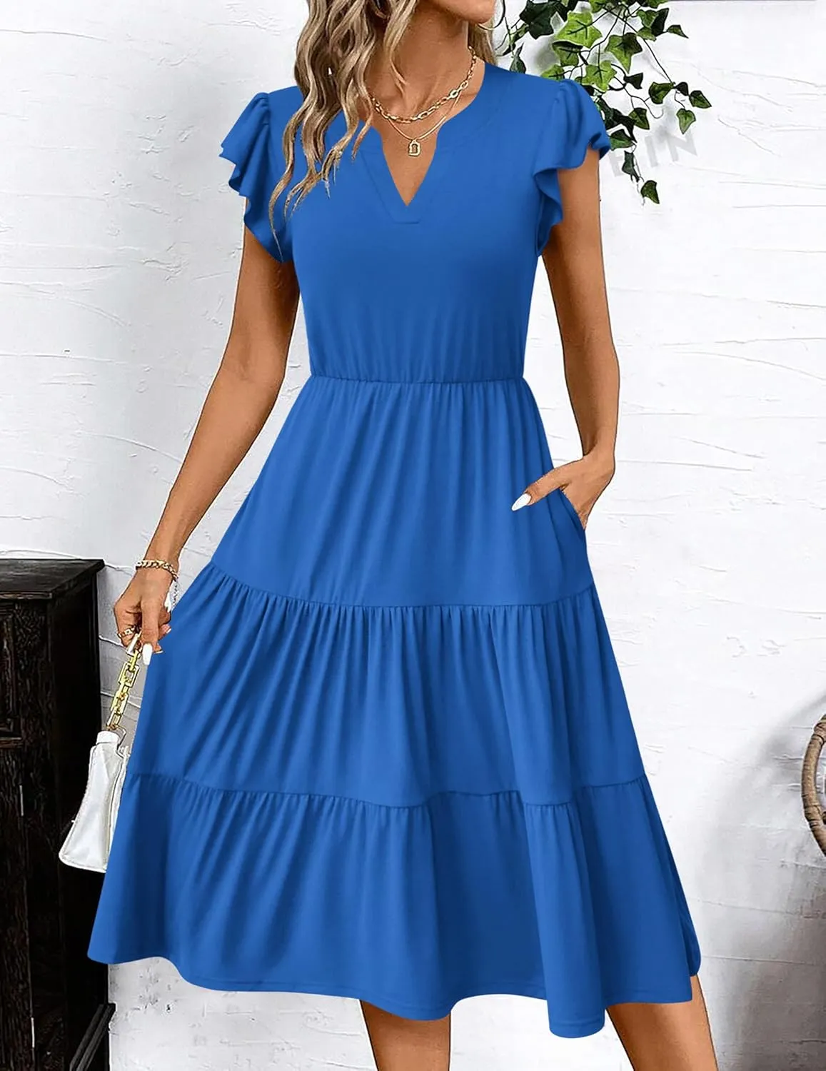 Zeagoo Casual Ruffle Sleeve V Neck Midi Dress